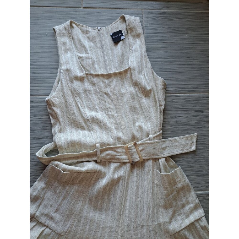 Maison Tara Beige Wide Leg Linen Bld Jumpsuit Belt Size 8 Sleeveless Striped - Picture 5 of 12